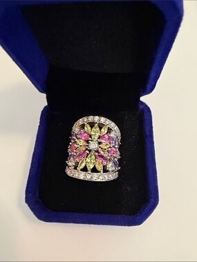 Sterling Silver multigem pink & yellow Floral Cocktail Ring Beautiful R China